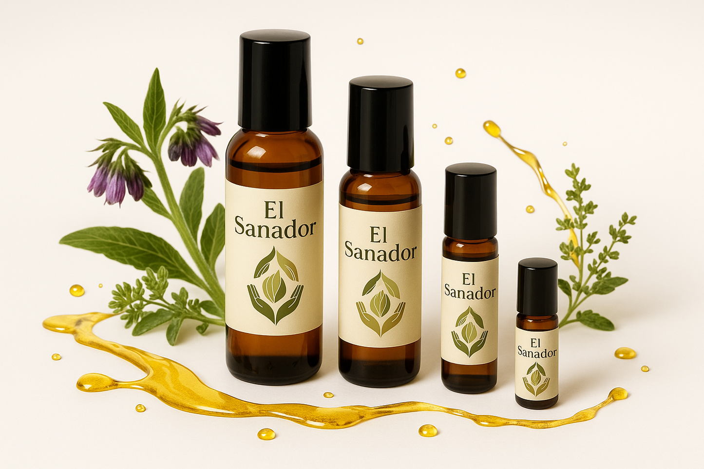 Varios frascos El Sanador con aceite derramado