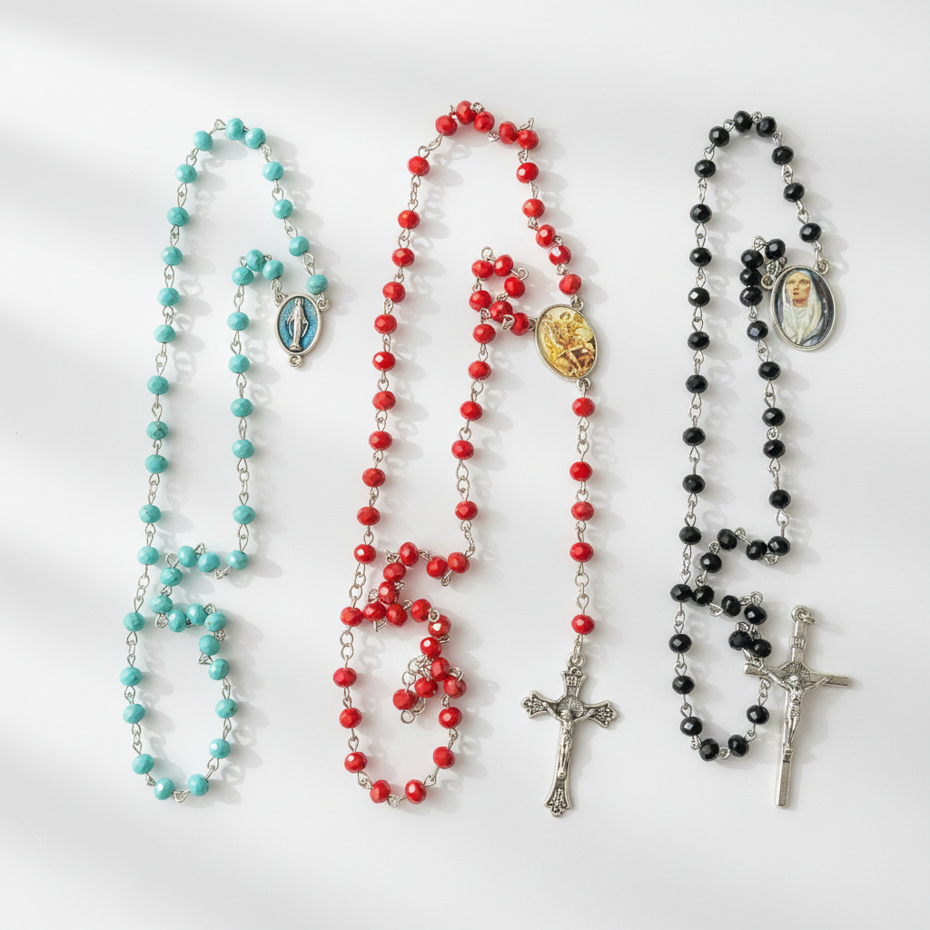 Rosarios artesanales de alambre con cuentas de colores